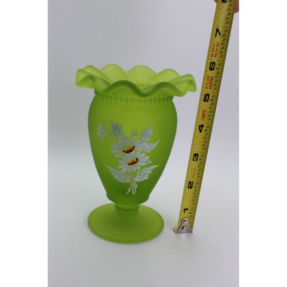 Westmoreland Frosted Green Satin Glass Pedestal Vase With Hand-Painted Floral De - Picture 3 of 7